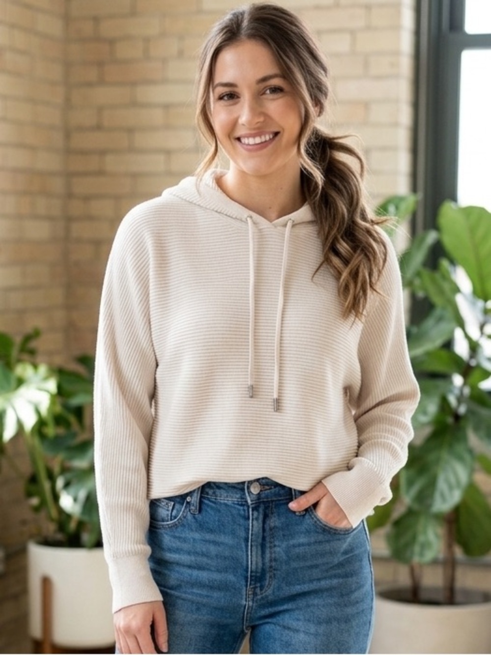 Philosophy | Cream Ribbed Lightweight Hooded Sweater | Sz M